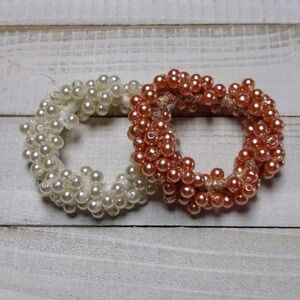 Pearl Beaded Hair Ties - White and Coral